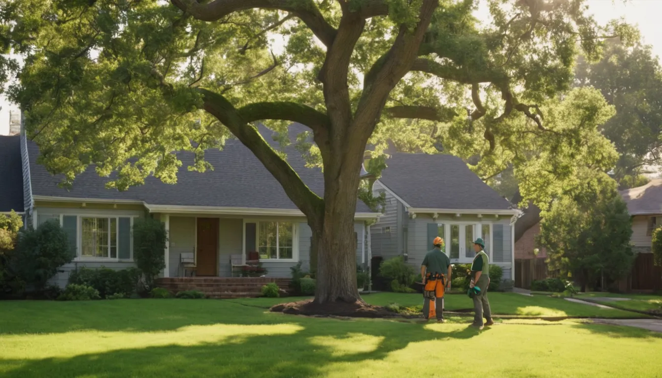 A friendly tree provider inspecting a large backyard tree for a Powder Springs homeowner